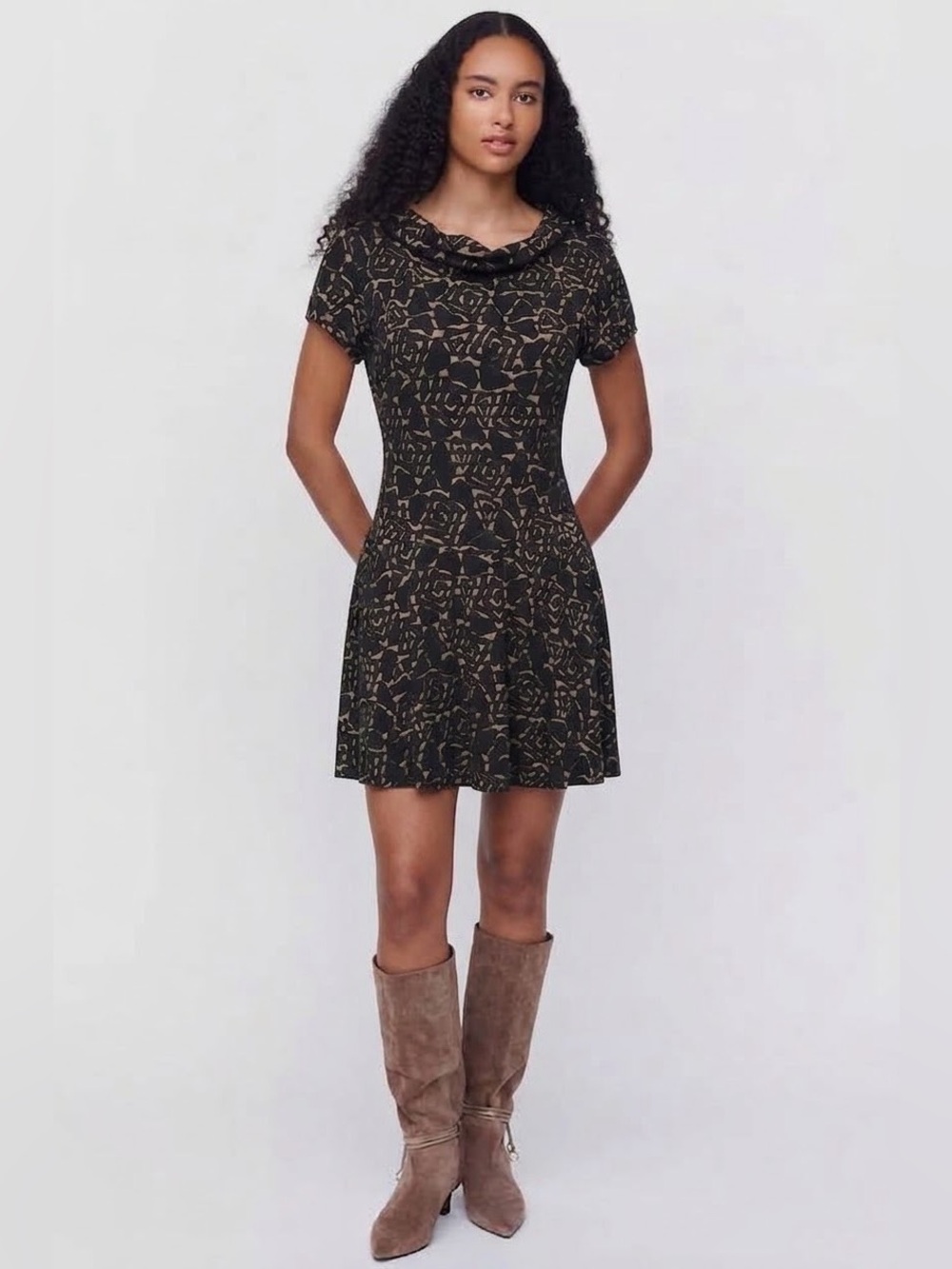 APPLE & PEAR STUDIOS Women's Cowlneck Abstract A-Line Midi Dress - Black, Small